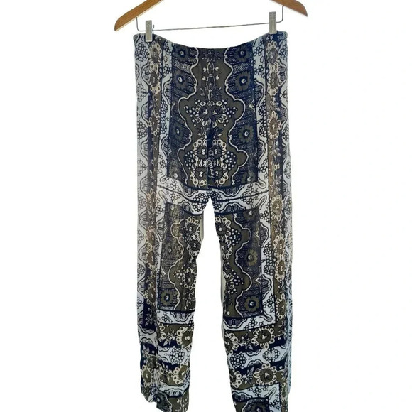 Hale Bob Blue White Boho Wide Leg Pull On Tie Waist Moroccan Print Pants Sz Med - Picture 2 of 6